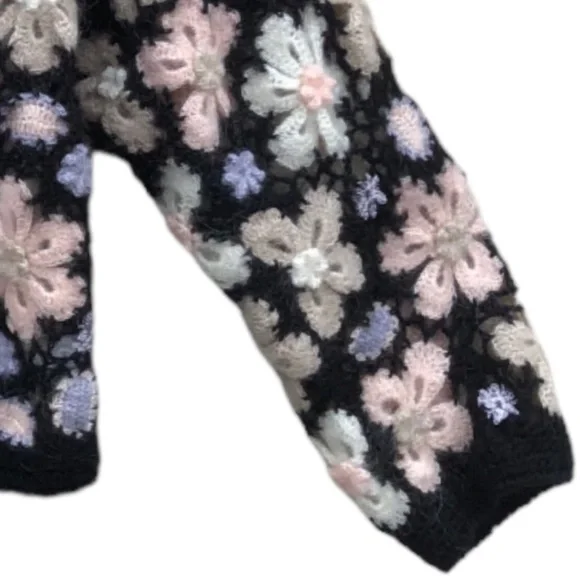 RARE‼️ Crochet Cardigan Mohair Black Floral Button Down , by Flame Size L - Picture 8 of 16